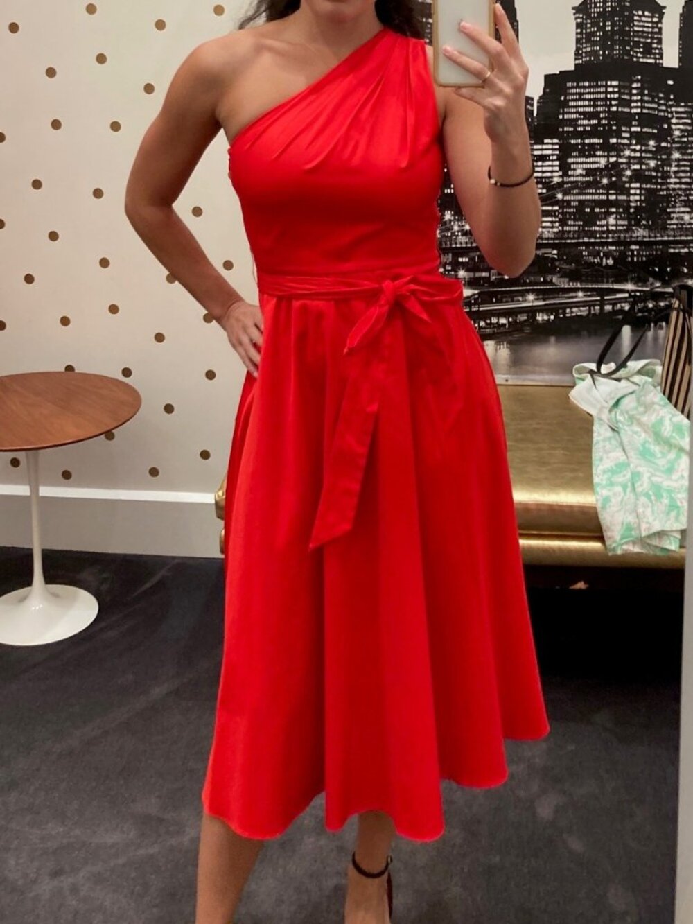 Kate Spade One Shoulder Red Midi Poplin Cotton Dress - Size 2